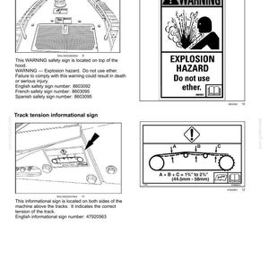 May include: A page from a manual with safety information. It includes a warning sign about explosion hazards and a diagram for track tension, with measurements in inches and millimeters. The text warns against using ether.