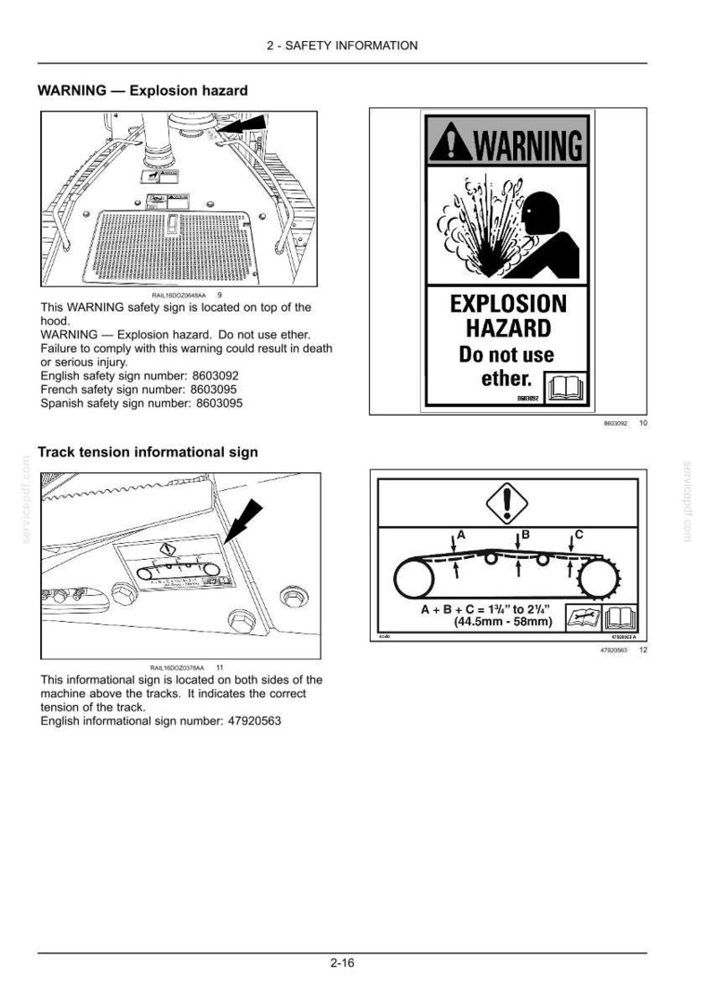 May include: A page from a manual with safety information. It includes a warning sign about explosion hazards and a diagram for track tension, with measurements in inches and millimeters. The text warns against using ether.