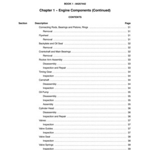 Pode incluir: Uma p&aacute;gina de manual intitulada "SECTION 10 - ENGINE" com o texto "Chapter 1 - Engine Components (Continued)". O conte&uacute;do lista componentes do motor com n&uacute;meros de p&aacute;gina.