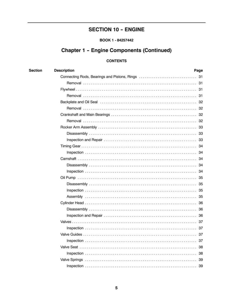 Pode incluir: Uma p&aacute;gina de manual intitulada "SECTION 10 - ENGINE" com o texto "Chapter 1 - Engine Components (Continued)". O conte&uacute;do lista componentes do motor com n&uacute;meros de p&aacute;gina.
