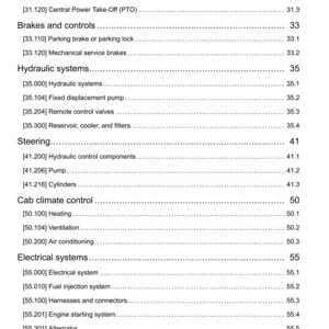 May include: A detailed table of contents from a manual, listing various systems and components. Sections include Power Take-Off, Brakes, Hydraulic Systems, Steering, Cab Climate Control, and Electrical Systems. The document is dated 10/11/2016.