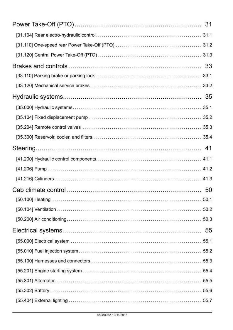 May include: A detailed table of contents from a manual, listing various systems and components. Sections include Power Take-Off, Brakes, Hydraulic Systems, Steering, Cab Climate Control, and Electrical Systems. The document is dated 10/11/2016.