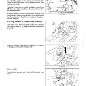 May include: Diagram of armrest adjustment instructions. Text explains how to adjust the height, forward/backward position, and tilt. Illustrations show the armrest components, including knobs and pivots. The text includes the phrase "Joystick steering armrest adjustment."