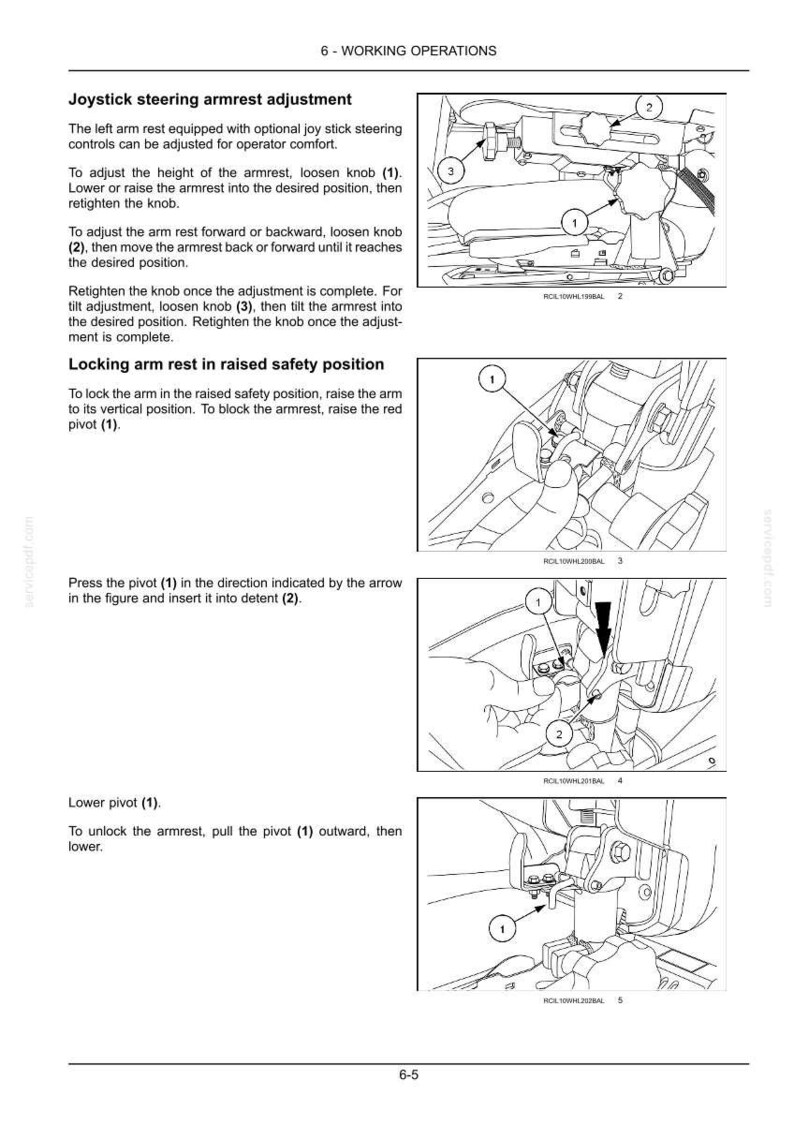 May include: Diagram of armrest adjustment instructions. Text explains how to adjust the height, forward/backward position, and tilt. Illustrations show the armrest components, including knobs and pivots. The text includes the phrase "Joystick steering armrest adjustment."