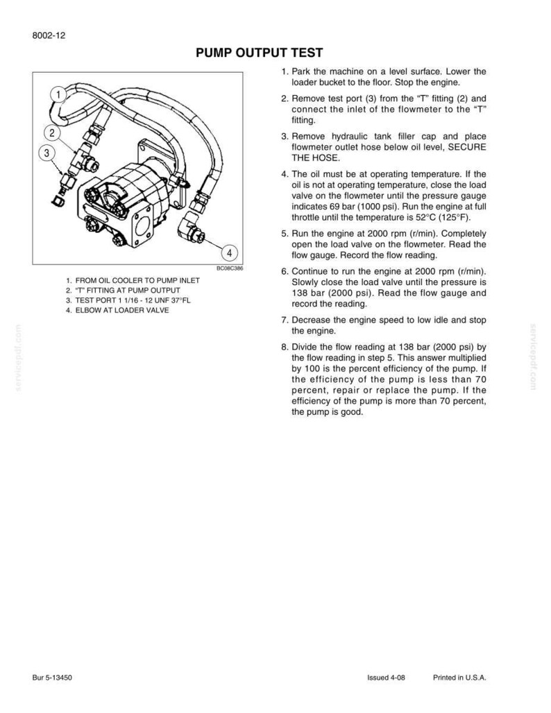 May include: Diagram of a pump output test with numbered components and instructions. Includes a pump, hoses, and text detailing the testing procedure, including steps for engine operation and flow measurement.