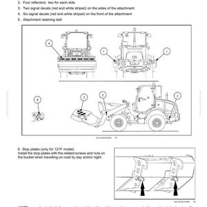 May include: Technical diagram of a front-end loader with safety information. Includes illustrations of rear lights, reflectors, signal decals, and attachment components. Text details road homologation for Italy and Germany.