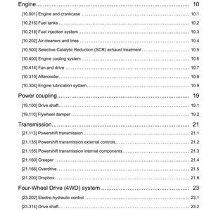 May include: A white page with the title "Contents" at the top. The page lists various engine and transmission components, including fuel tanks, air cleaners, and drive shafts, with corresponding page numbers.