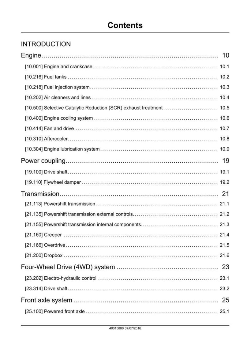 May include: A white page with the title "Contents" at the top. The page lists various engine and transmission components, including fuel tanks, air cleaners, and drive shafts, with corresponding page numbers.