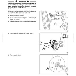 May include: A technical manual page titled SECTION 44 - FRONT AXLE - CHAPTER 1, detailing the removal of a front wheel hub. It includes a warning section, numbered instructions, and three black and white line drawings illustrating the process.