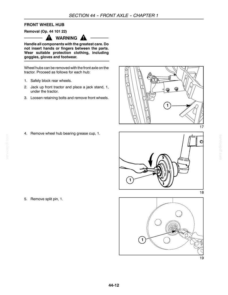 May include: A technical manual page titled SECTION 44 - FRONT AXLE - CHAPTER 1, detailing the removal of a front wheel hub. It includes a warning section, numbered instructions, and three black and white line drawings illustrating the process.