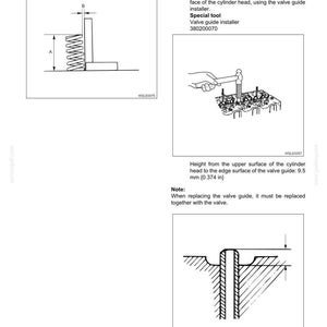 May include: Diagram of engine reassembly instructions. Includes illustrations of valve guide installation, with measurements in inches and millimeters. Text includes special tool information and notes on valve replacement.