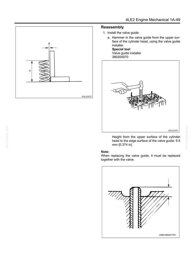 May include: Diagram of engine reassembly instructions. Includes illustrations of valve guide installation, with measurements in inches and millimeters. Text includes special tool information and notes on valve replacement.