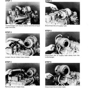 May include: A black and white diagram detailing the steps for servicing a turbocharger. The steps include removing the air cleaner, loosening clamps, and disconnecting tubes. Text includes "SERVICING THE TURBOCHARGER Removal" and "Printed in U.S.A."