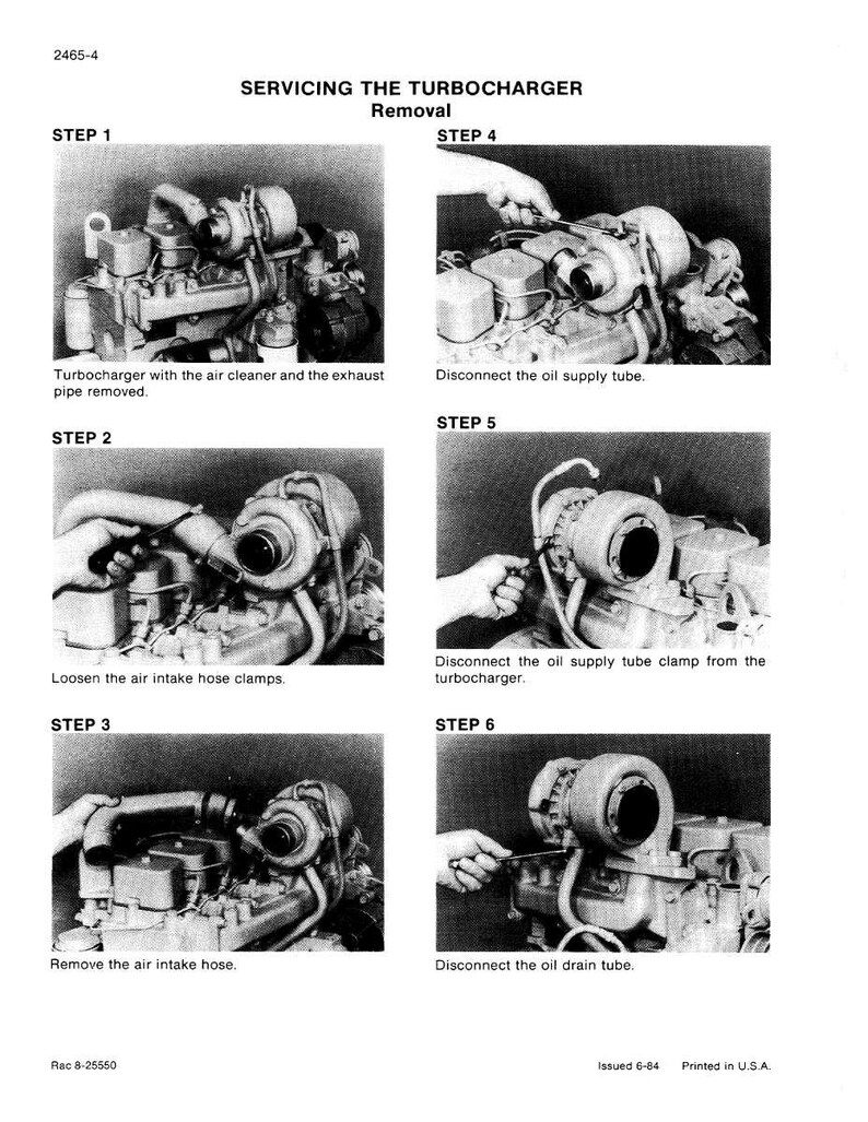 May include: A black and white diagram detailing the steps for servicing a turbocharger. The steps include removing the air cleaner, loosening clamps, and disconnecting tubes. Text includes "SERVICING THE TURBOCHARGER Removal" and "Printed in U.S.A."