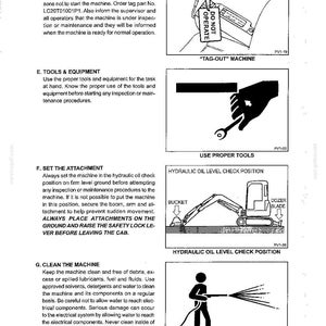 Op de afbeelding: Een pagina uit een technisch document getiteld SAFETY PRECAUTIONS met vier zwart-wit lijntekeningen. Deze diagrammen tonen een bedieningshendel van een machine, het gebruik van het juiste gereedschap, de controle van het hydraulische oliepeil en reiniging.