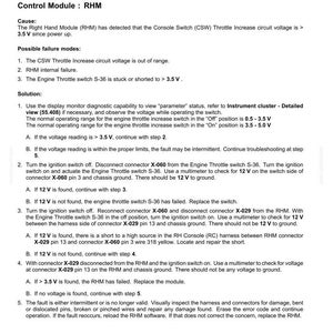 May include: Document detailing fault codes for electrical systems, specifically the E0652-07-CSW Throttle Increase Mechanical Out of Range. Includes troubleshooting steps for the Right Hand Module (RHM) and related components.