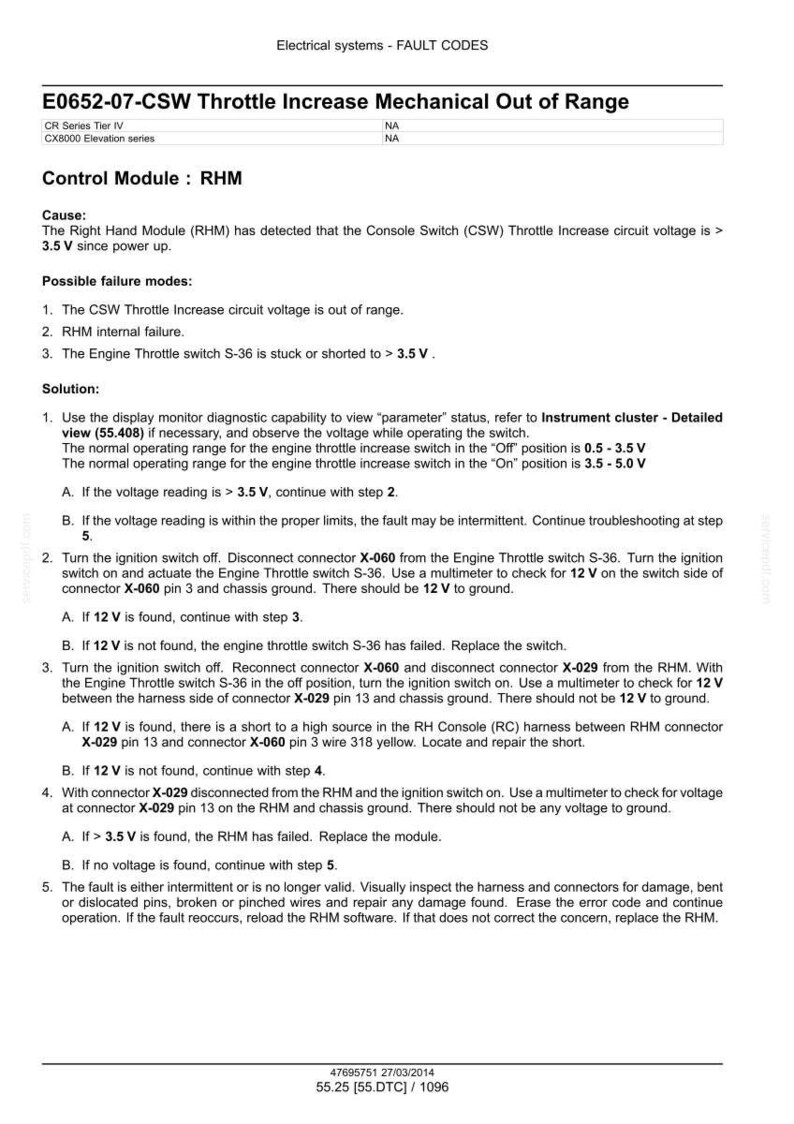 May include: Document detailing fault codes for electrical systems, specifically the E0652-07-CSW Throttle Increase Mechanical Out of Range. Includes troubleshooting steps for the Right Hand Module (RHM) and related components.