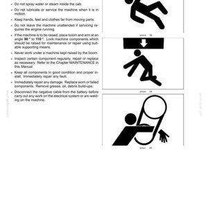 May include: A technical document page titled 2-SAFETY INFORMATION containing safety instructions for machinery maintenance. It features three black and white pictograms illustrating hazards: falling, crushing, and entanglement in moving parts.