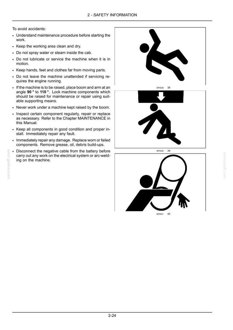 May include: A technical document page titled 2-SAFETY INFORMATION containing safety instructions for machinery maintenance. It features three black and white pictograms illustrating hazards: falling, crushing, and entanglement in moving parts.