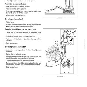 Puede incluir: Una p&aacute;gina de manual t&eacute;cnico titulada 7-MAINTENANCE, que detalla las instrucciones para purgar el aire del sistema de combustible de una m&aacute;quina. Incluye pasos de texto, un diagrama de una excavadora y una ilustraci&oacute;n t&eacute;cnica detallada.