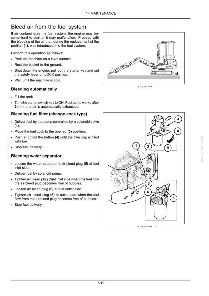 Puede incluir: Una p&aacute;gina de manual t&eacute;cnico titulada 7-MAINTENANCE, que detalla las instrucciones para purgar el aire del sistema de combustible de una m&aacute;quina. Incluye pasos de texto, un diagrama de una excavadora y una ilustraci&oacute;n t&eacute;cnica detallada.