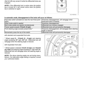 May include: A technical manual page titled 6-WORKING OPERATIONS detailing automatic differential lock modes. It includes a diagram of a rectangular switch with an AUTO icon and a circular instrument cluster gauge with a pointer at 15 km/h.