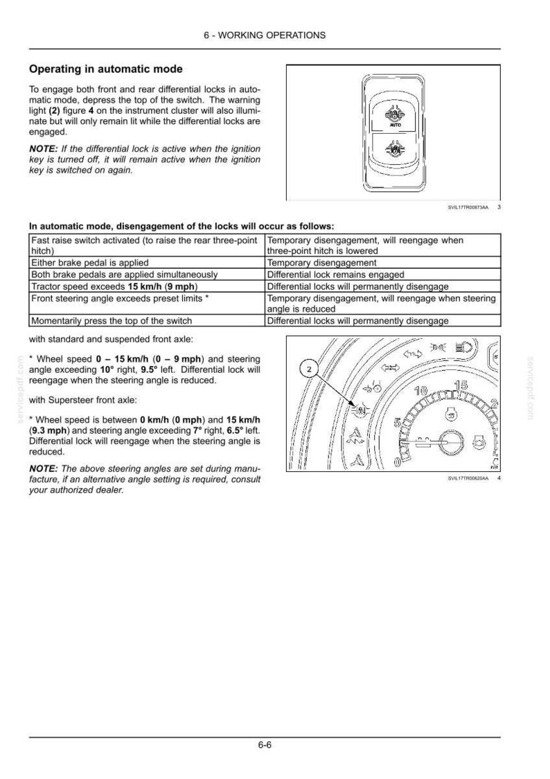 May include: A technical manual page titled 6-WORKING OPERATIONS detailing automatic differential lock modes. It includes a diagram of a rectangular switch with an AUTO icon and a circular instrument cluster gauge with a pointer at 15 km/h.