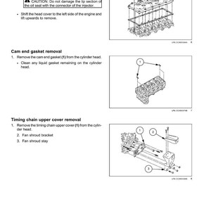 May include: Diagram of an engine fuel injection system, detailing cylinder head cover removal, cam end gasket removal, and timing chain upper cover removal. Includes numbered diagrams and text instructions.