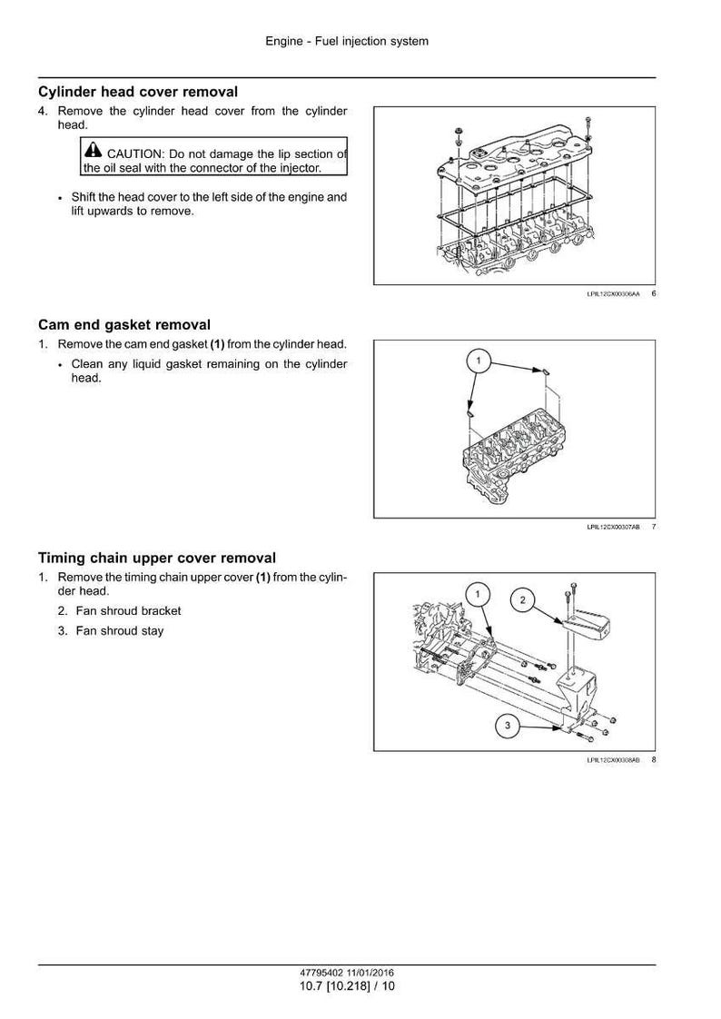 May include: Diagram of an engine fuel injection system, detailing cylinder head cover removal, cam end gasket removal, and timing chain upper cover removal. Includes numbered diagrams and text instructions.