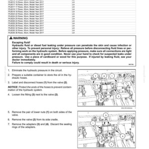 May include: Diagram of a hydraulic system's main lift system, with instructions for removing a command valve. Includes a warning about escaping fluid and detailed steps for disassembly, with measurements in centimeters.