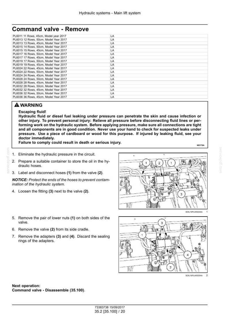 May include: Diagram of a hydraulic system's main lift system, with instructions for removing a command valve. Includes a warning about escaping fluid and detailed steps for disassembly, with measurements in centimeters.