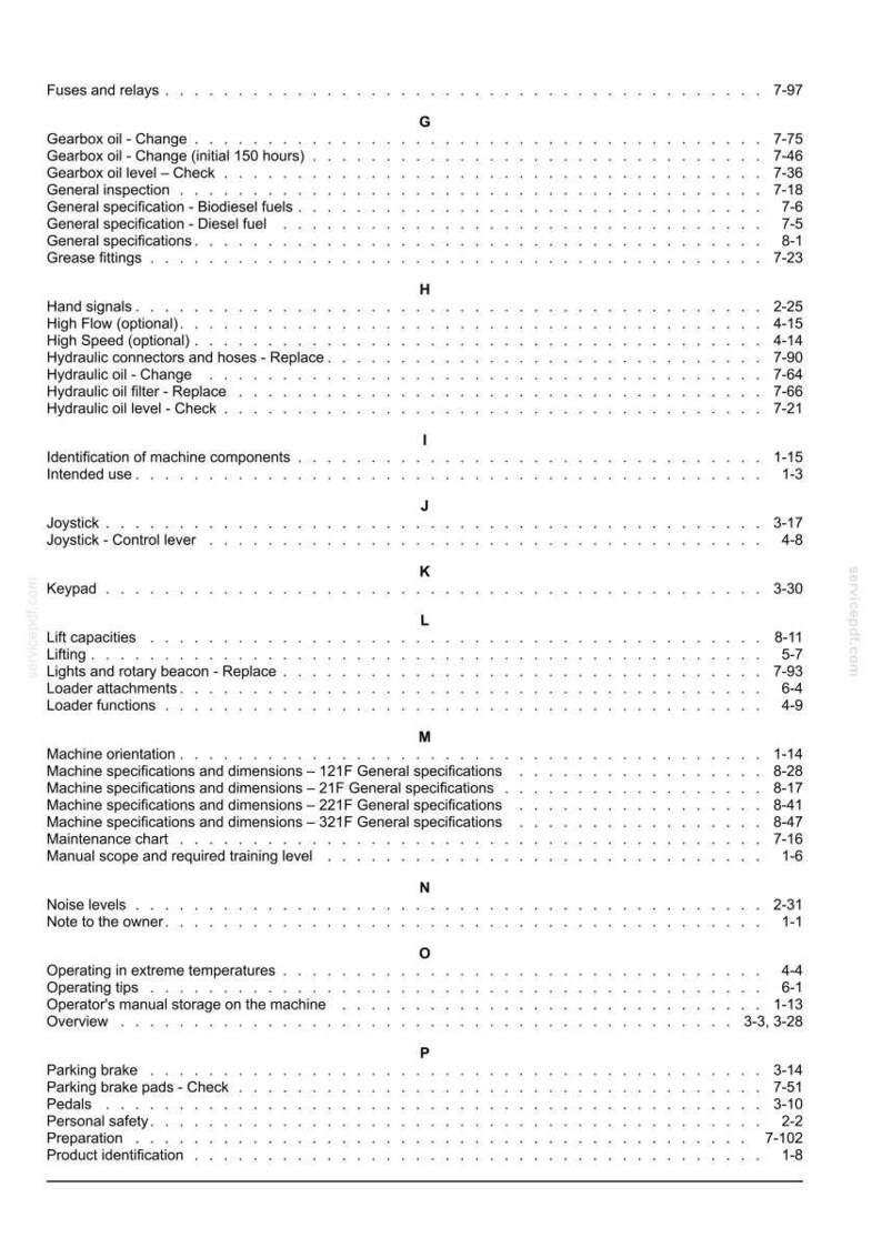 May include: A detailed page from a manual, featuring a table of contents with various sections like "Fuses and relays," "Gearbox oil," and "Hydraulic oil." The text is black on a white background.