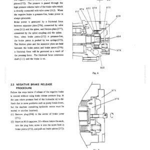 K&ouml;nnte beinhalten: Eine Seite eines technischen Dokuments mit zwei Diagrammen, beschriftet als Fig. 6 und Fig. 7, die den Mechanismus der Negativbremse und das L&ouml;severfahren darstellen. Der Text enth&auml;lt Anweisungen zum L&ouml;sen der Bremse und nennt den Bremskolben 372.