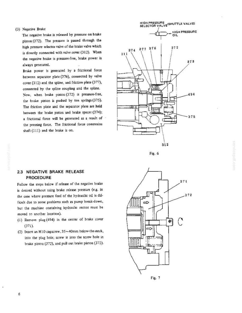 K&ouml;nnte beinhalten: Eine Seite eines technischen Dokuments mit zwei Diagrammen, beschriftet als Fig. 6 und Fig. 7, die den Mechanismus der Negativbremse und das L&ouml;severfahren darstellen. Der Text enth&auml;lt Anweisungen zum L&ouml;sen der Bremse und nennt den Bremskolben 372.
