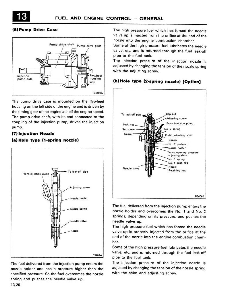 May include: Diagram of an engine fuel and engine control system, including a pump drive case and injection nozzle components. The diagram includes labels for various parts like the nozzle holder, spring, and valve.