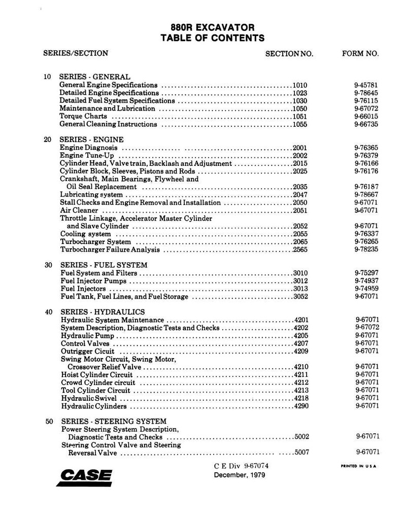 May include: A black and white table of contents for an 880R Excavator, listing various engine, fuel, hydraulic, and steering system specifications. The document is dated December 1979 and includes the CASE logo.