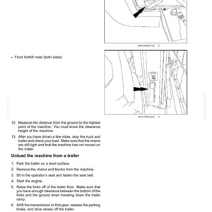 May include: Diagram from a manual showing transport operations. The image includes detailed illustrations of machine tie-down locations, including the rear lower frame and front forklift mast. Instructions for unloading a machine from a trailer are also provided.