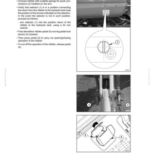 May include: Diagram from a manual showing the nibbler control system. The diagram includes close-up images of the selector, pedal, and hydraulic tank connections. Text explains the operating procedure, including connecting pipings and using a 24 mm wrench.