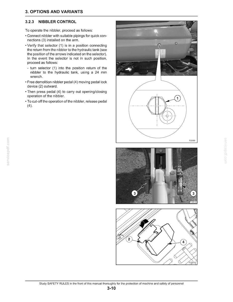 May include: Diagram from a manual showing the nibbler control system. The diagram includes close-up images of the selector, pedal, and hydraulic tank connections. Text explains the operating procedure, including connecting pipings and using a 24 mm wrench.