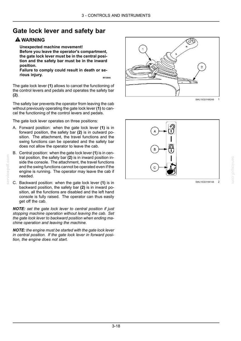 May include: Diagram of a gate lock lever and safety bar with numbered components and text descriptions. The image includes a warning about unexpected machine movement and instructions for operation.