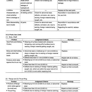 May include: A detailed technical document with tables and text, outlining maintenance standards and procedures. The document includes sections on check intervals, parts use limits, and remedies, with measurements in inches.