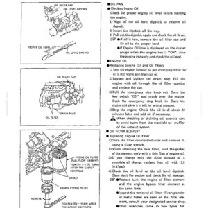 K&ouml;nnte beinhalten: Eine technische Handbuchseite mit dem Titel ENGINE MAINTENANCE PROCEDURES, die schwarz-wei&szlig;e Strichzeichnungen eines Motors, &Ouml;leinf&uuml;lldeckels, Messstabs, Ablassschraube und &Ouml;lfilters zeigt. Der Text enth&auml;lt Anweisungen zur &Ouml;lwartung.