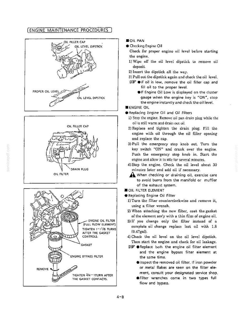 K&ouml;nnte beinhalten: Eine technische Handbuchseite mit dem Titel ENGINE MAINTENANCE PROCEDURES, die schwarz-wei&szlig;e Strichzeichnungen eines Motors, &Ouml;leinf&uuml;lldeckels, Messstabs, Ablassschraube und &Ouml;lfilters zeigt. Der Text enth&auml;lt Anweisungen zur &Ouml;lwartung.