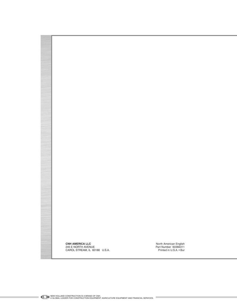 Puede incluir: Una p&aacute;gina de documento blanca con un borde vertical gris met&aacute;lico a la izquierda. El texto dice CNH AMERICA LLC, 245 E NORTH AVENUE, CAROL STREAM, IL 60188 U.S.A., North American English, Part Number 60366311, Printed in U.S.A. Bur.