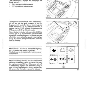 May include: A technical manual page titled SECTION 55 - ELECTRICAL SYSTEM - CHAPTER 14, featuring diagrams of a front PTO control pushbutton. The text explains that pulling the knob upwards engages the power take-off, while pressing it down disengages it.