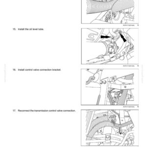 May include: Diagram of a power shuttle transmission with instructions for connecting the oil temperature sensor, installing the oil level tube, installing the control valve connection bracket, and reconnecting the transmission control valve connection.