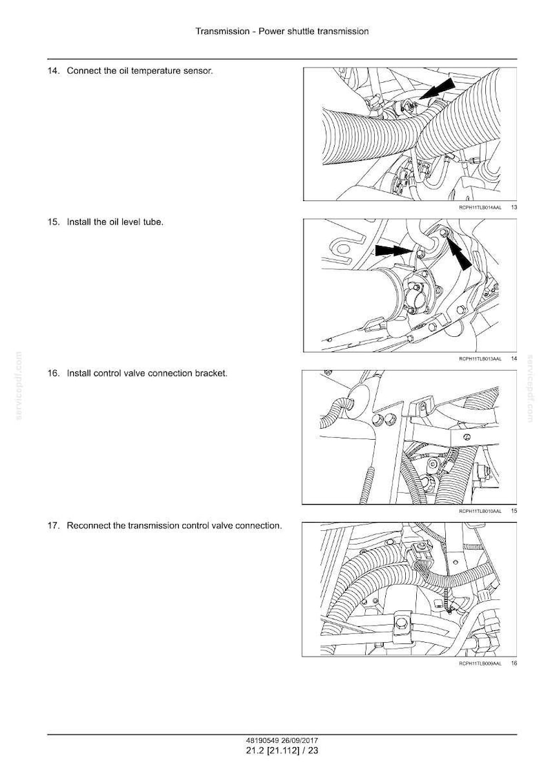 May include: Diagram of a power shuttle transmission with instructions for connecting the oil temperature sensor, installing the oil level tube, installing the control valve connection bracket, and reconnecting the transmission control valve connection.