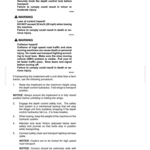 May include: A white document with black text detailing transport operations, including towing weights, cautions, and warnings. The document provides instructions for safe transport, emphasising safety locks and speed limits.