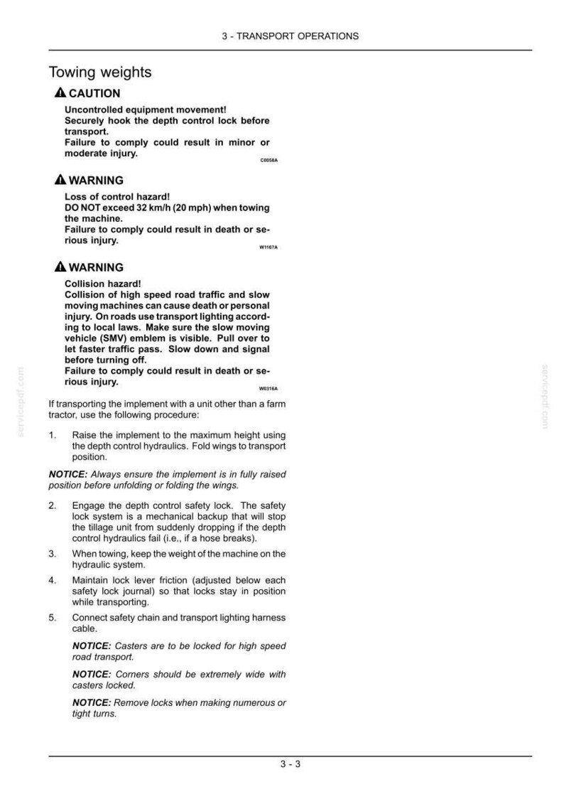 May include: A white document with black text detailing transport operations, including towing weights, cautions, and warnings. The document provides instructions for safe transport, emphasising safety locks and speed limits.