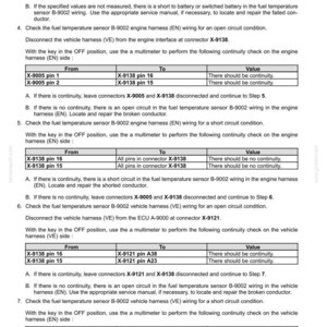 May include: A technical document detailing electrical system fault codes, featuring tables and text. It provides instructions for checking continuity and open circuits in a vehicle's fuel temperature sensor wiring, with connector pin references.